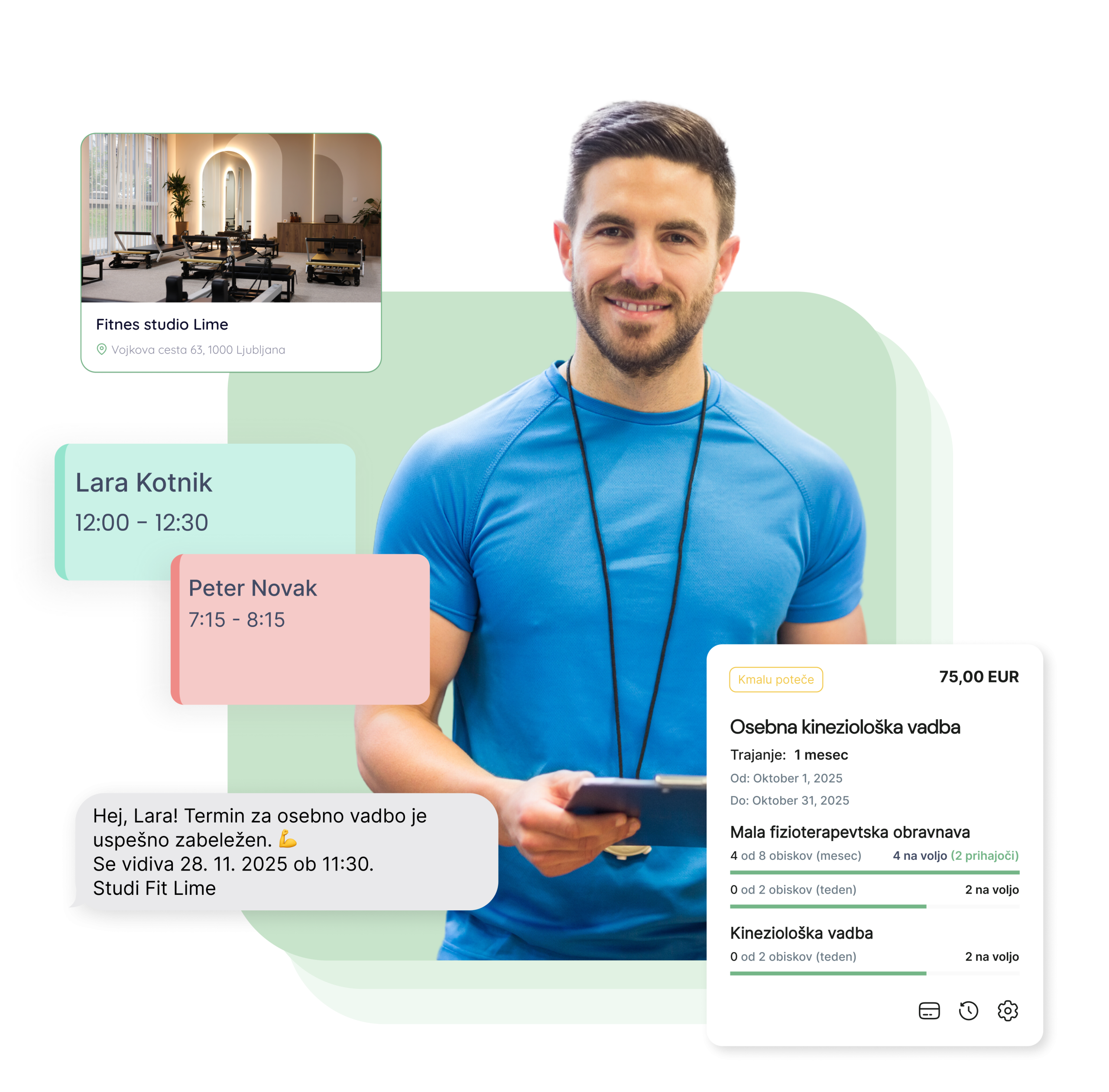 Aplikacija za vadbe, osebne trenerje, fitnese, reformer in pilates studio - Lime Booking Slovenija