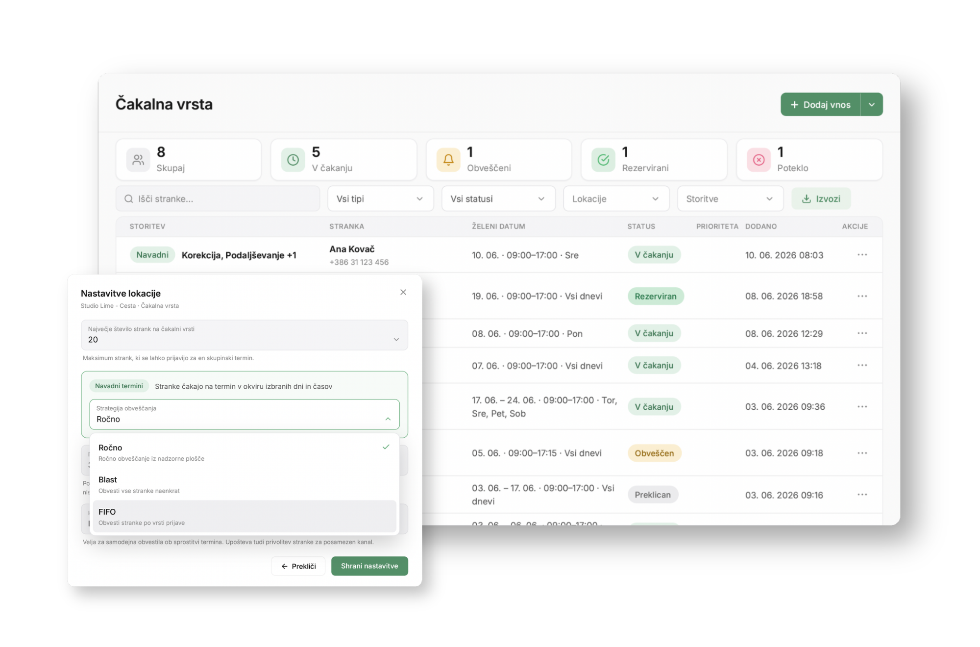 Čakalna vrsta za stranke - aplikacija Lime Booking